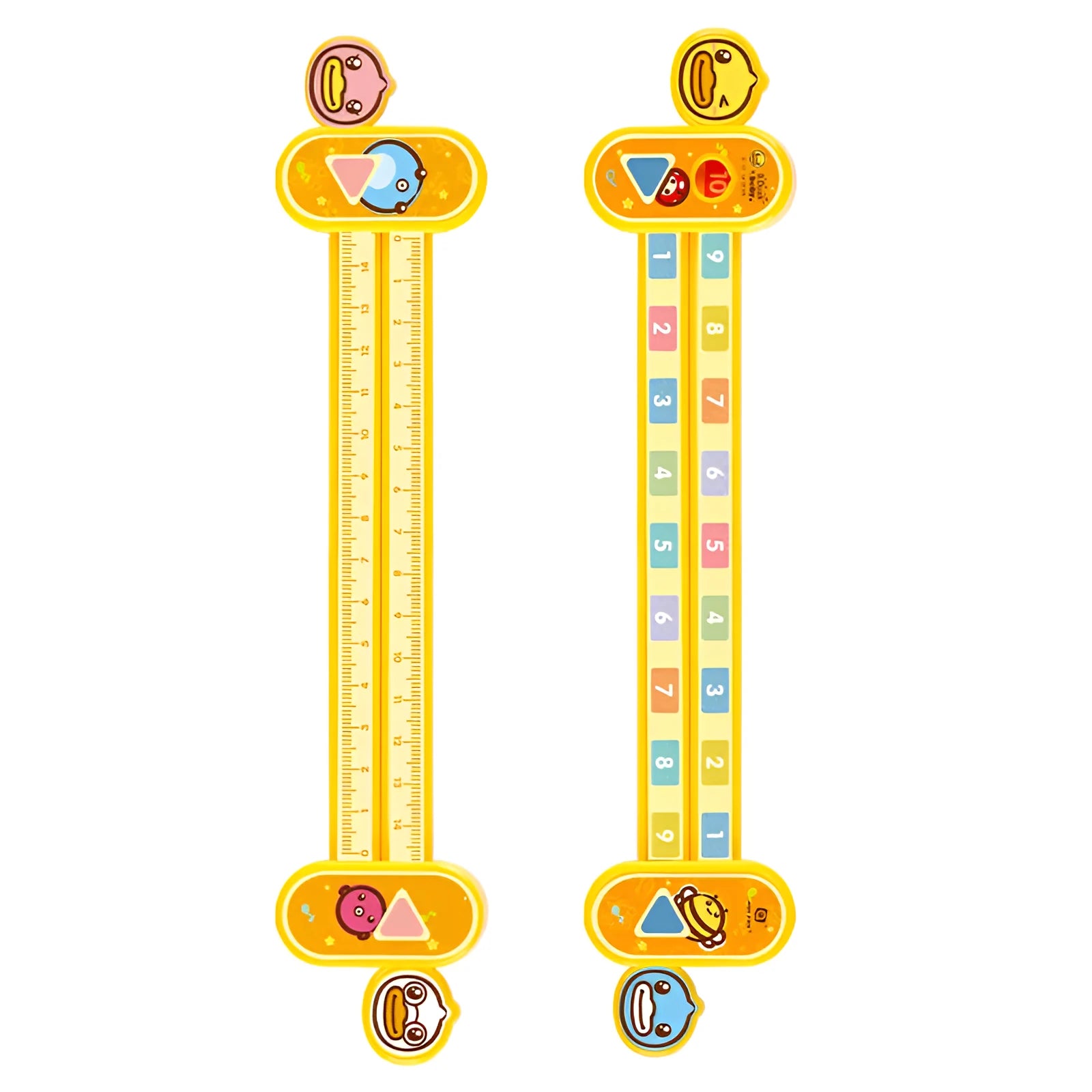 Yellow plastic children's digital decomposition ruler with cartoon graphics, showing 24.5 cm length.