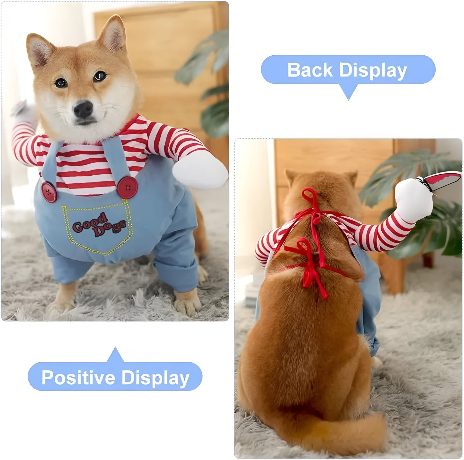 Striped Halloween harness pants costume 3-piece set for dog or cat with plastic knife accessory