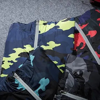 Men's camouflage hooded jacket with luminous zipper, available in multiple colours and sizes M to 5XL