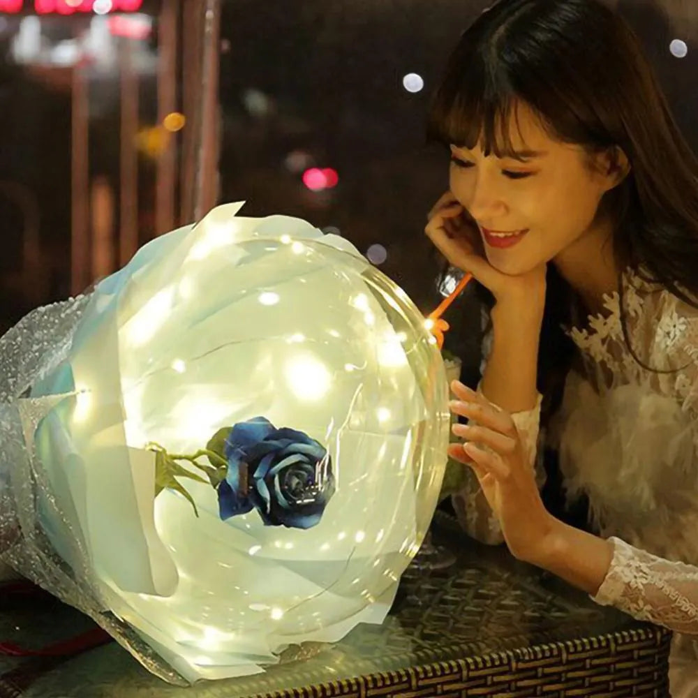 LED illuminated balloon rose bouquet with transparent bobo ball decoration