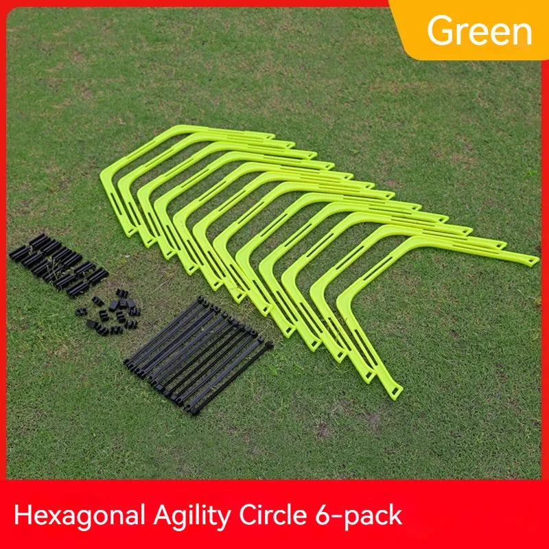 Set of six foldable hexagon football agility training rings in yellow, green and orange colours