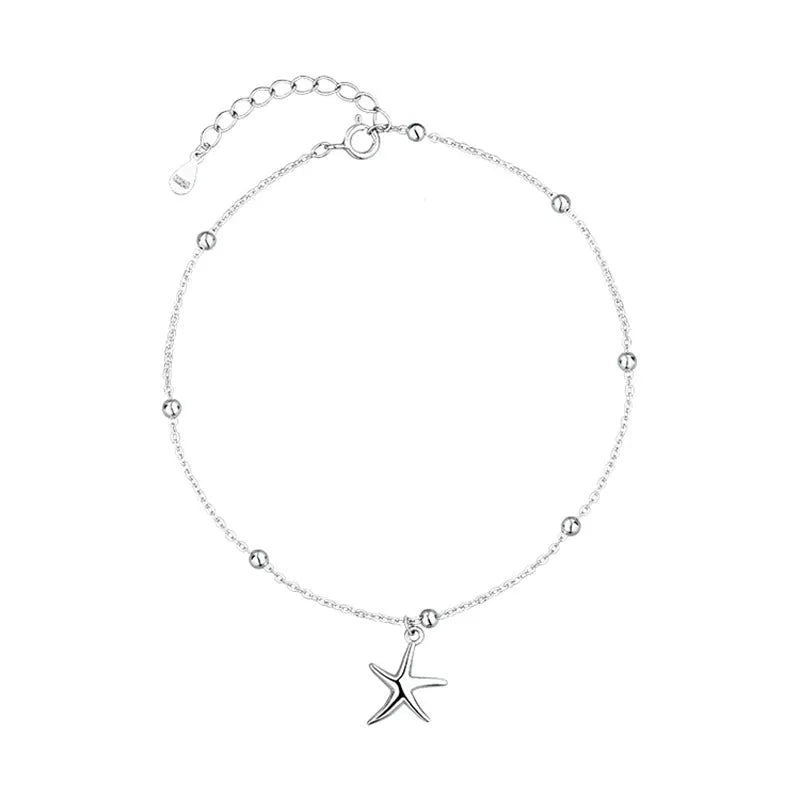Women's S925 sterling silver anklet with starfish charm and round bead chain.