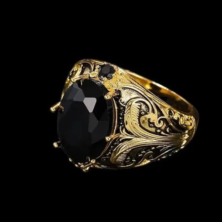Men's silver geometric wide face ring with irregular pattern and imitation ink colour gem centrepiece