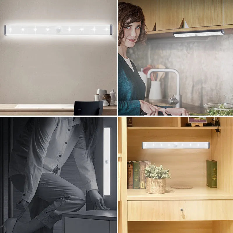 USB rechargeable LED motion sensor strip light with magnetic back, shown illuminating a wardrobe.
