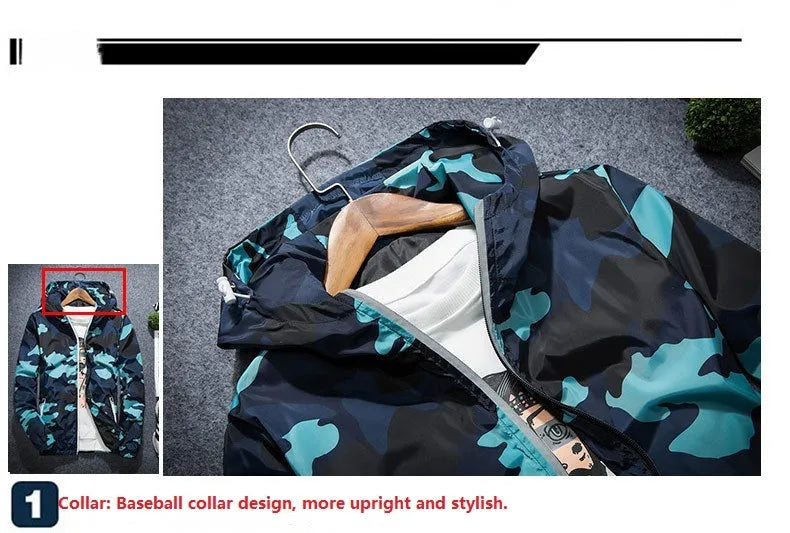 Men's camouflage hooded jacket with luminous zipper, available in multiple colours and sizes M to 5XL