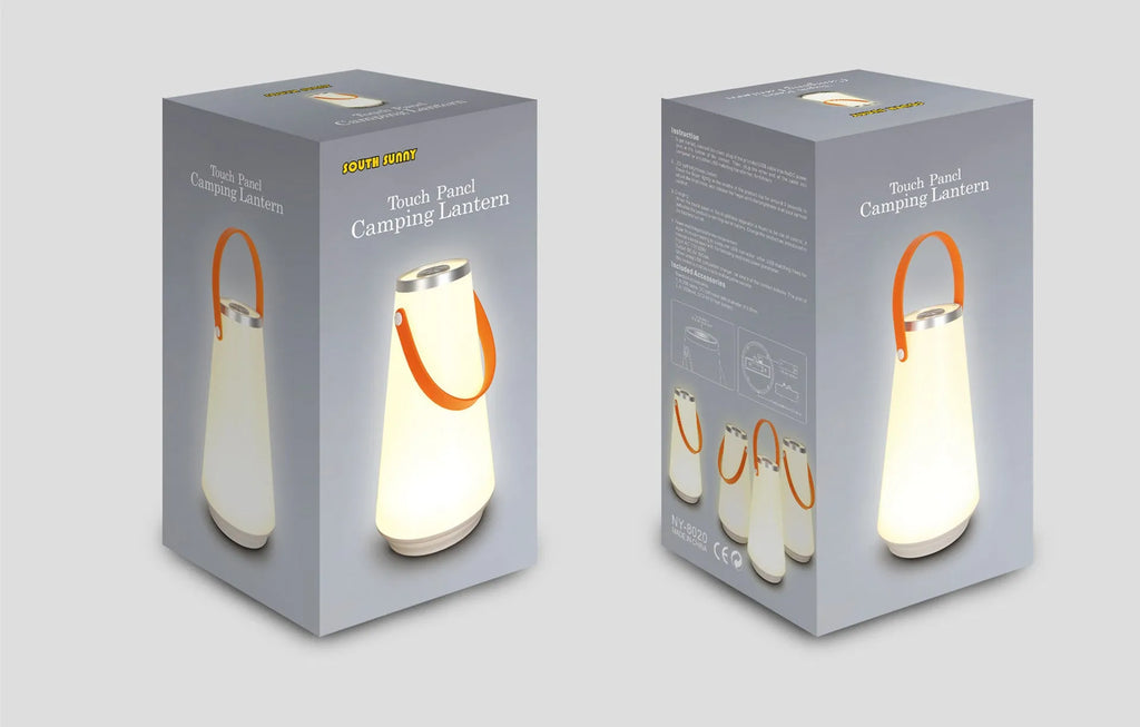 White rechargeable LED bedside lamp with USB charging cable showing dimensions 12x12x22cm