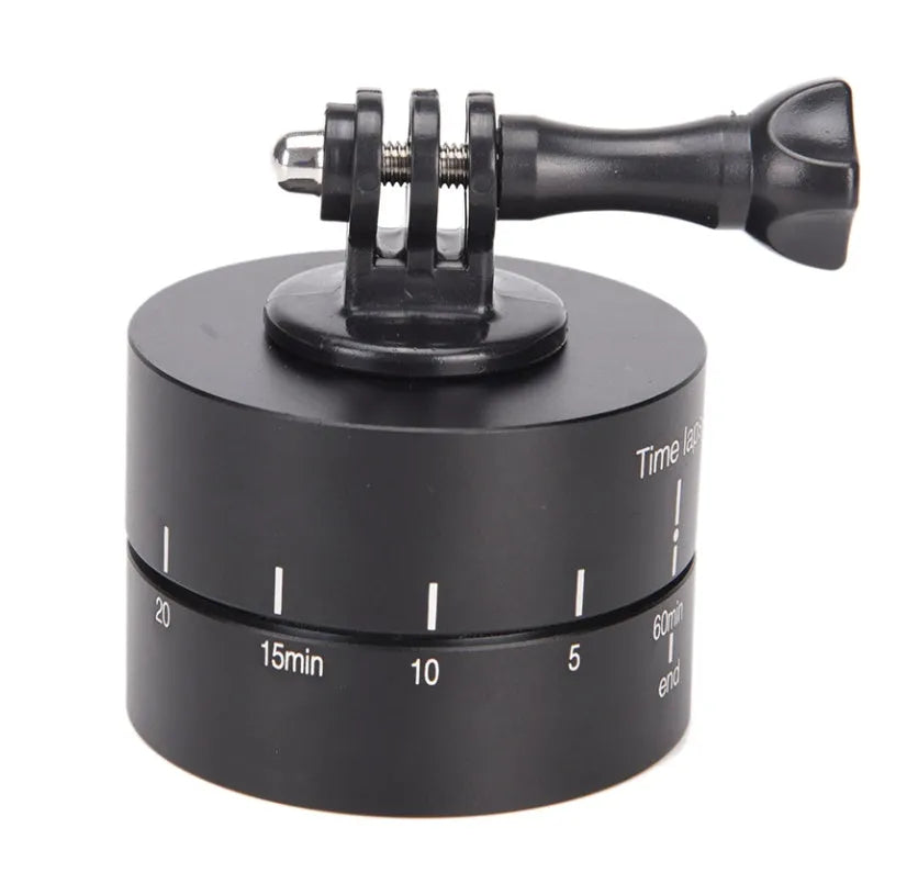 Lapse 360-degree auto rotate camera tripod head mounted on a tripod with a GoPro camera attached.