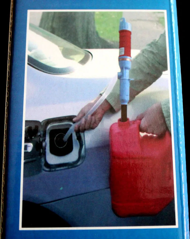 Manual hand-operated siphon pump with blue flexible tubing for transferring gasoline and oil.