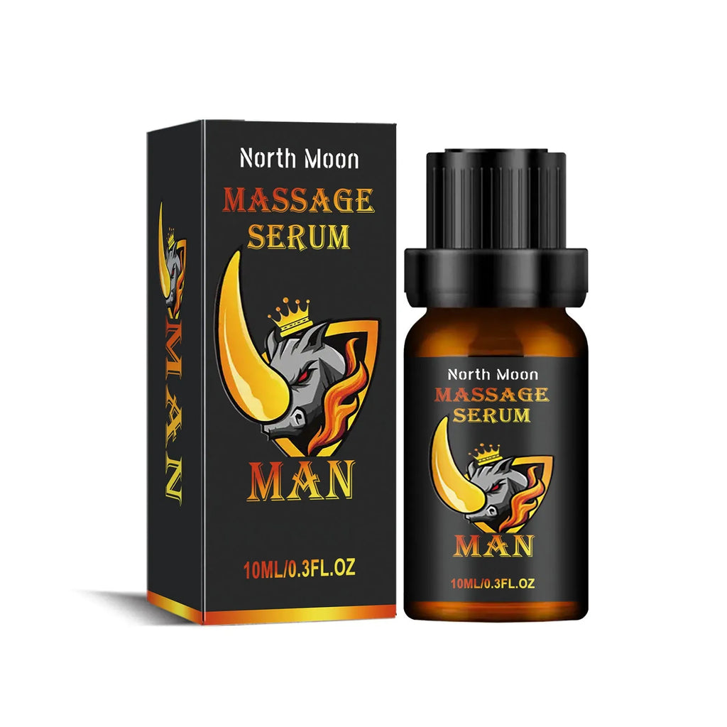 10ml men's body care essential oil bottle with mineral oil, jojoba, vitamin E, cocoa butter, and ginger root oil formulation