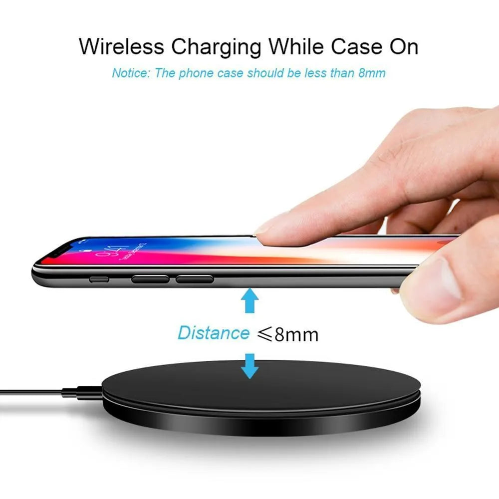 Black square wireless charging pad with ultra-thin 6.5mm profile showing 9V QI fast charging capability