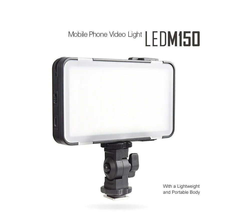 Shenniu M150 ultra-thin silver aluminium LED video light mounted on a mobile phone.