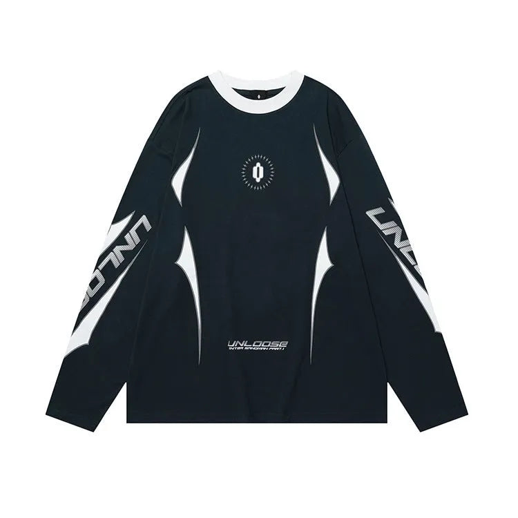 Grey khaki loose fit cotton pullover with drop shoulders, round neck, long sleeves, and a letter print.