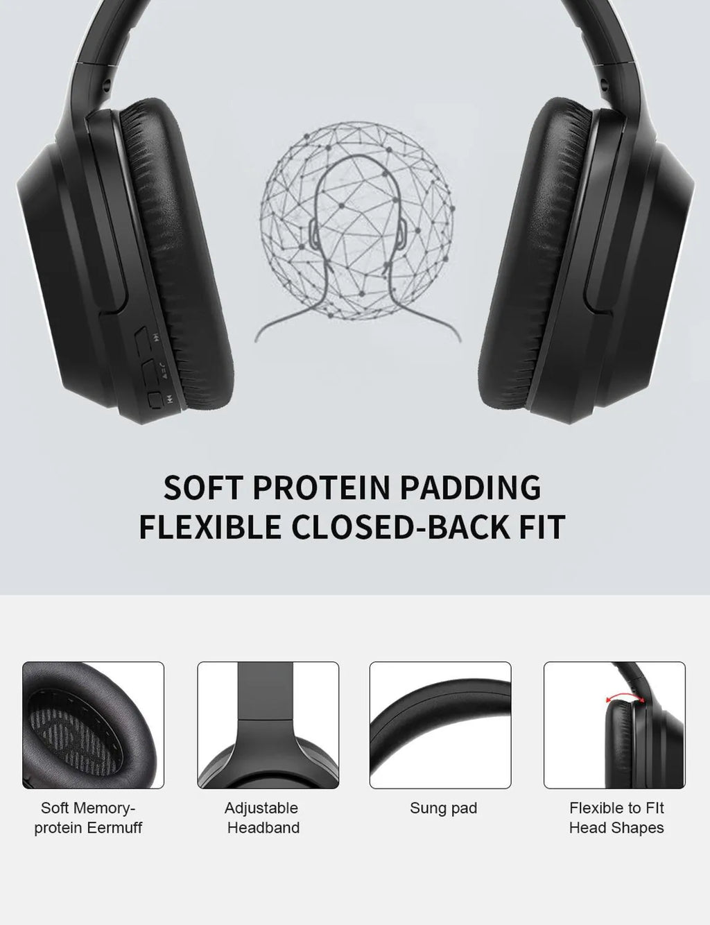 Black Bluetooth wireless headset with over-ear design and memory-protein ear cushions