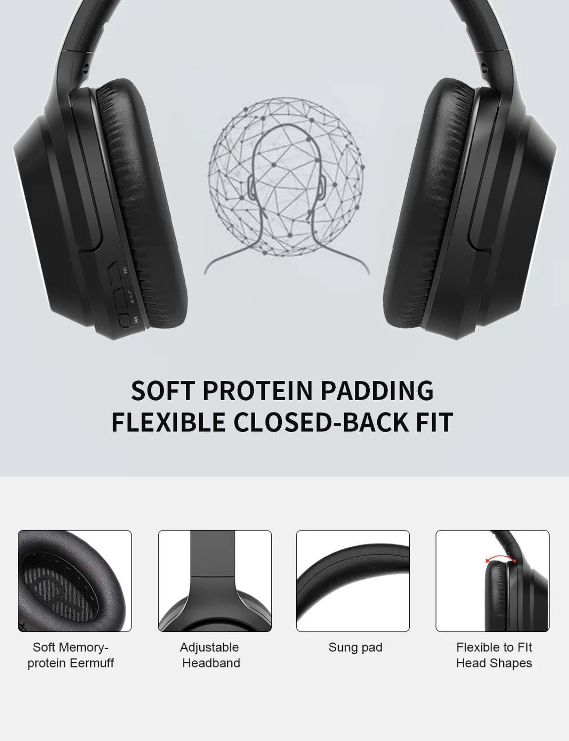 Black Bluetooth wireless headset with over-ear design and memory-protein ear cushions