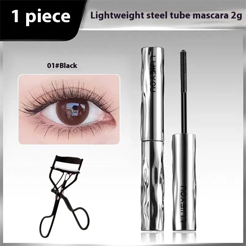 Waterproof mascara with steel tube and brush, shown in black and brown colour options, some sets include an eyelash curler.