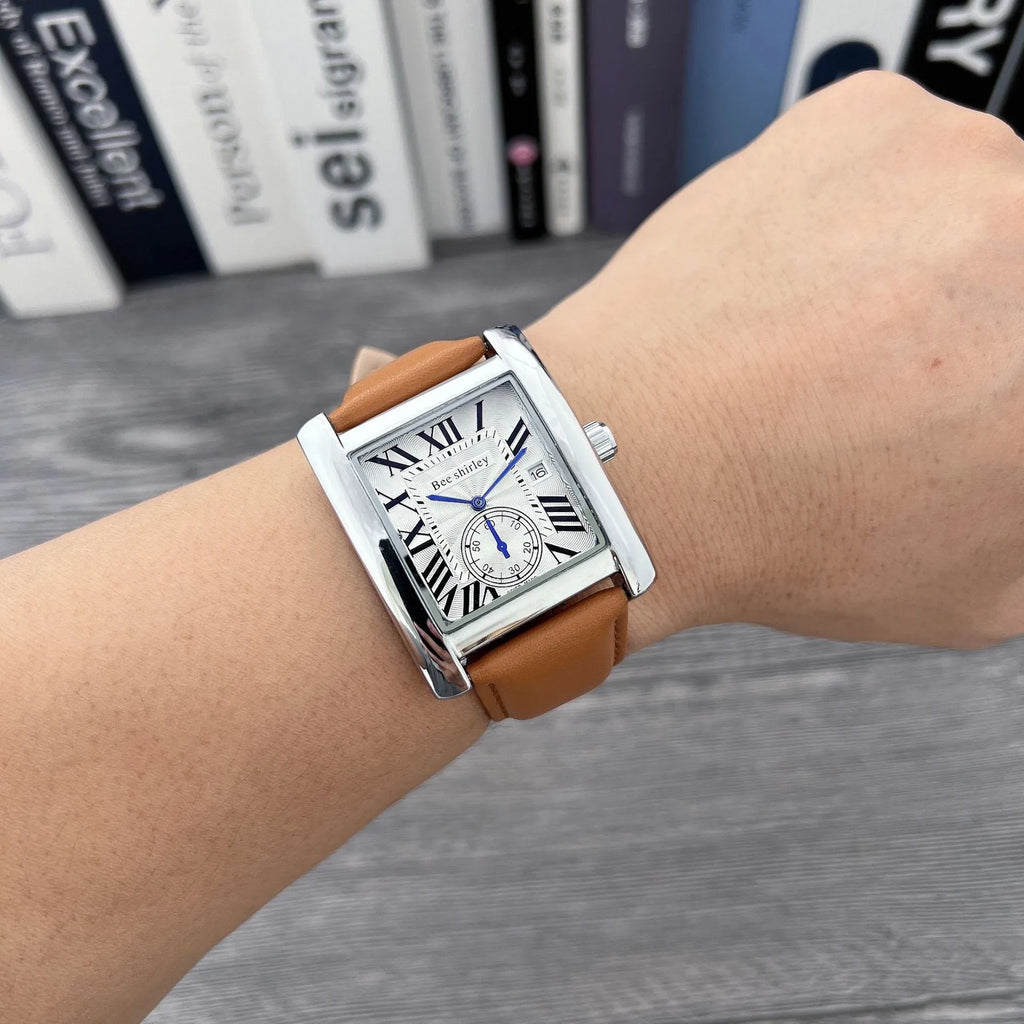 Square quartz tank watch for men with 36mm dial, 11mm alloy case, PU strap, and silver shell colour