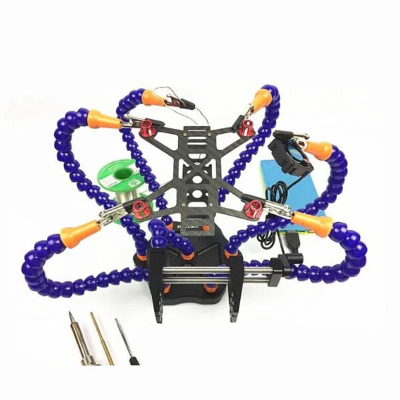 Black and purple aluminium alloy six-claw welding station with adjustable arms for model repair soldering.