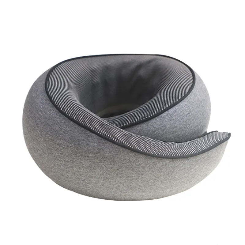 U-shaped memory foam travel neck pillow in light grey with storage bag