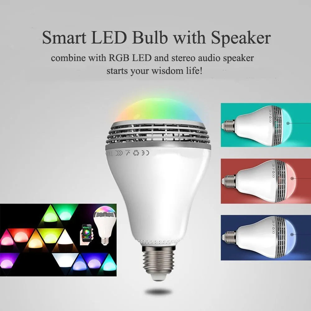 Smart LED Bluetooth speaker light bulb with E27 base and white PC casing.