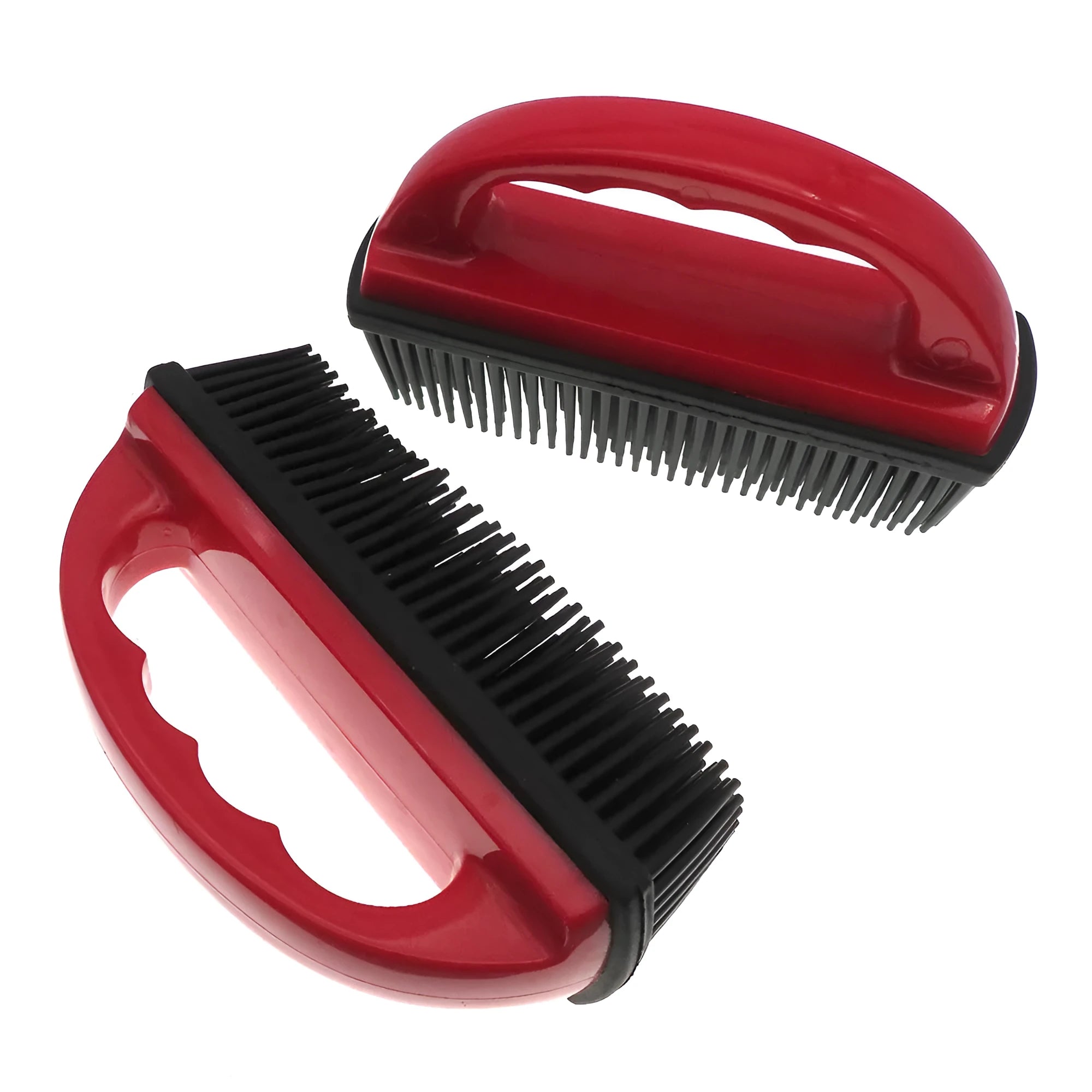 Red pet hair removal brush with silicone bristles and ergonomic handle on a white background.