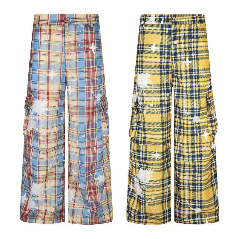Man wearing blue retro plaid loose straight-leg casual overalls