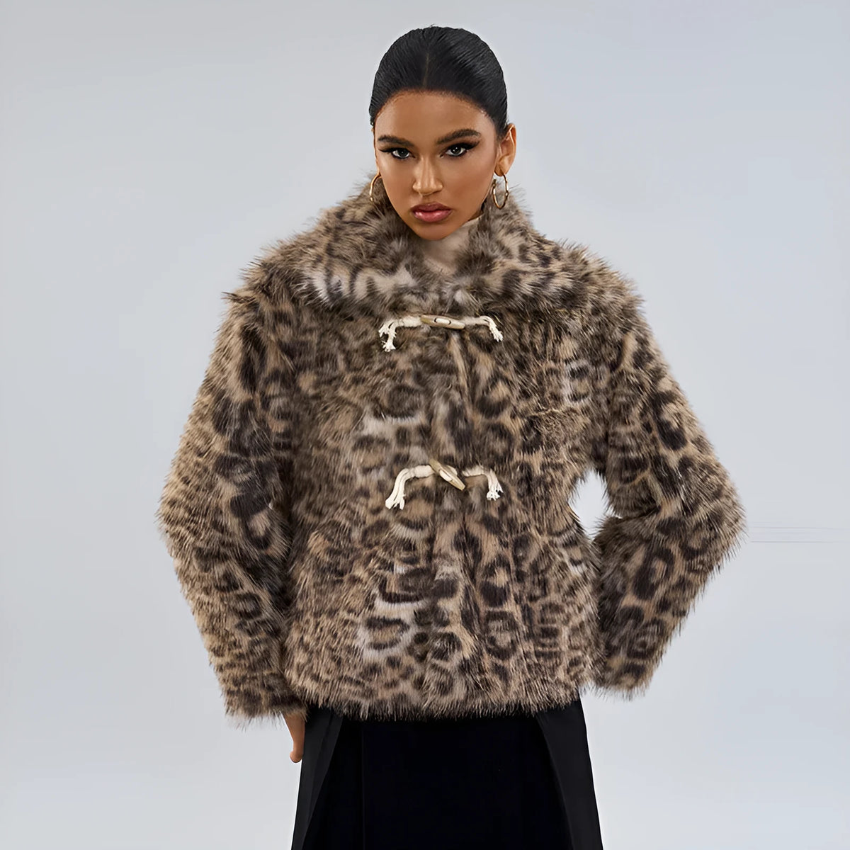Women's leopard print buckle lapel street fashion coat with regular sleeves