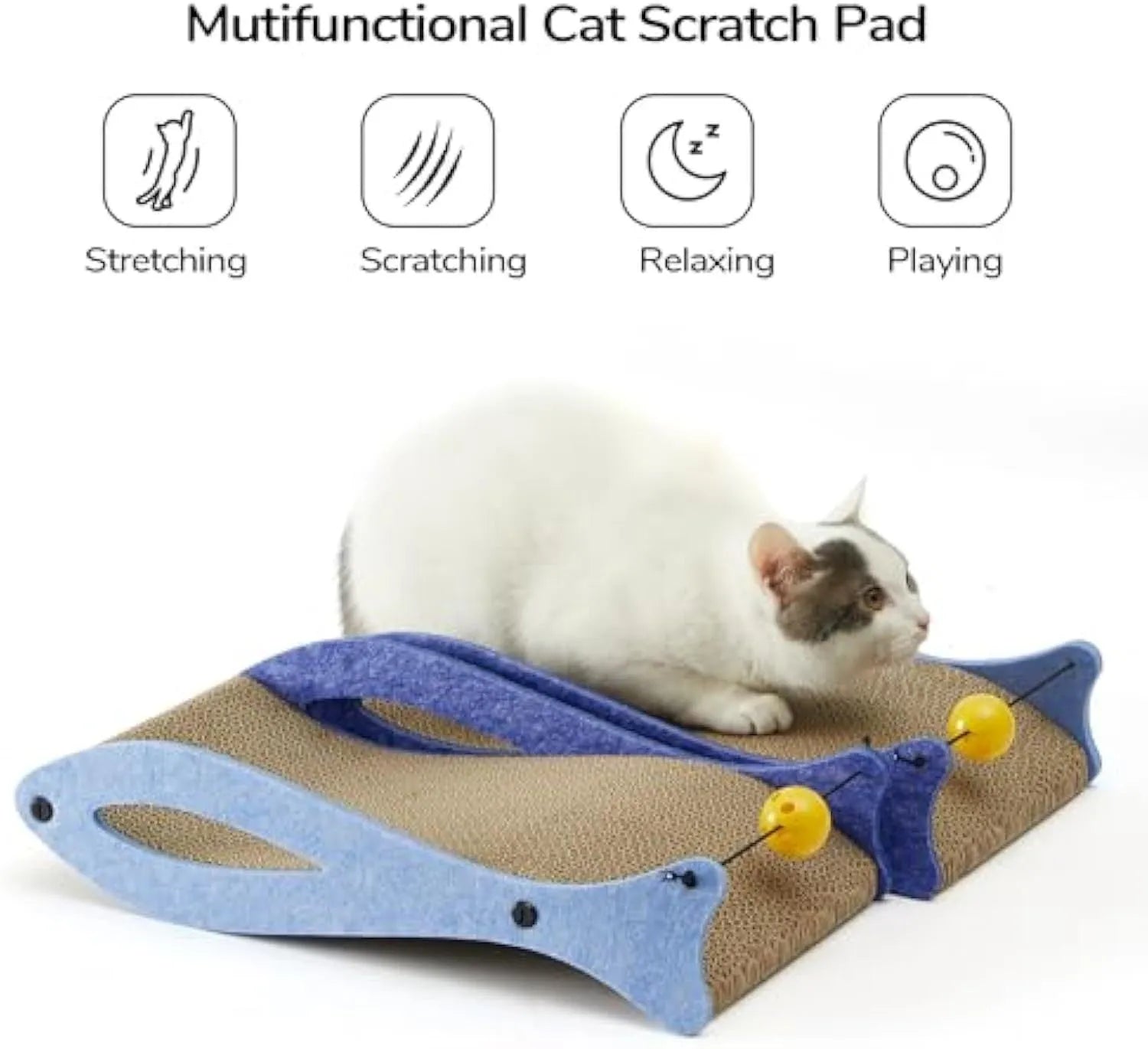 Blue fish-shaped cat scratcher lounge made of corrugated cardboard with attached ball toy
