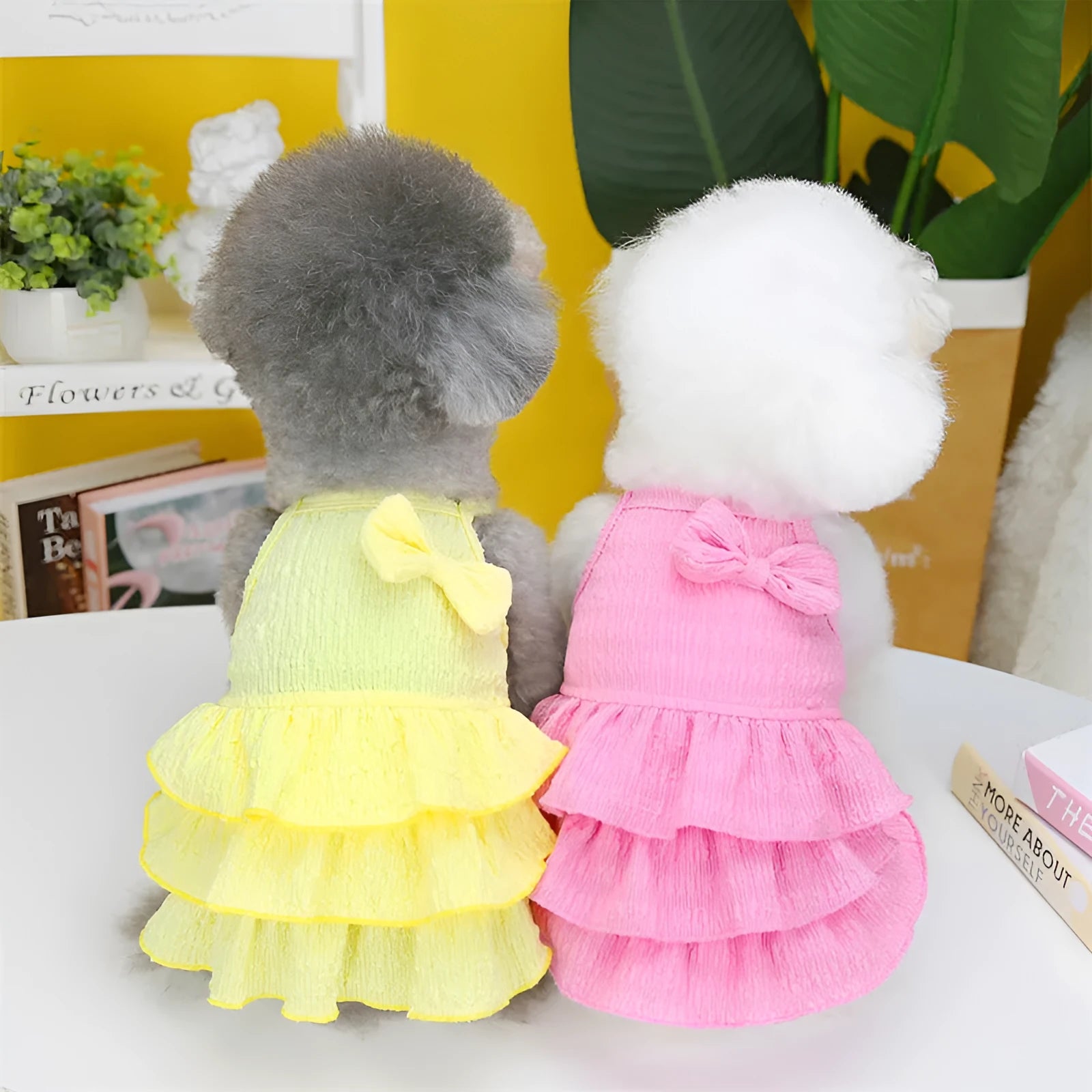 Small dog wearing princess dress with candy layered skirt in rose red colour