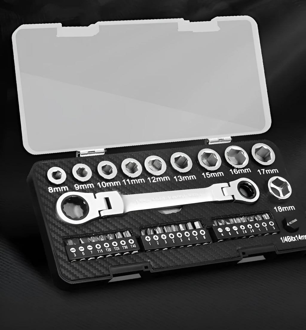 Dual-purpose ratchet wrench set with reversible handle, ten sockets, and three screwdriver bit heads laid out.