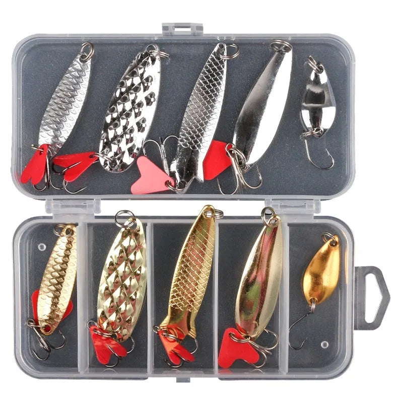 Box of gold and silver metal sequin false bait bodies for fishing lure repair and customisation.