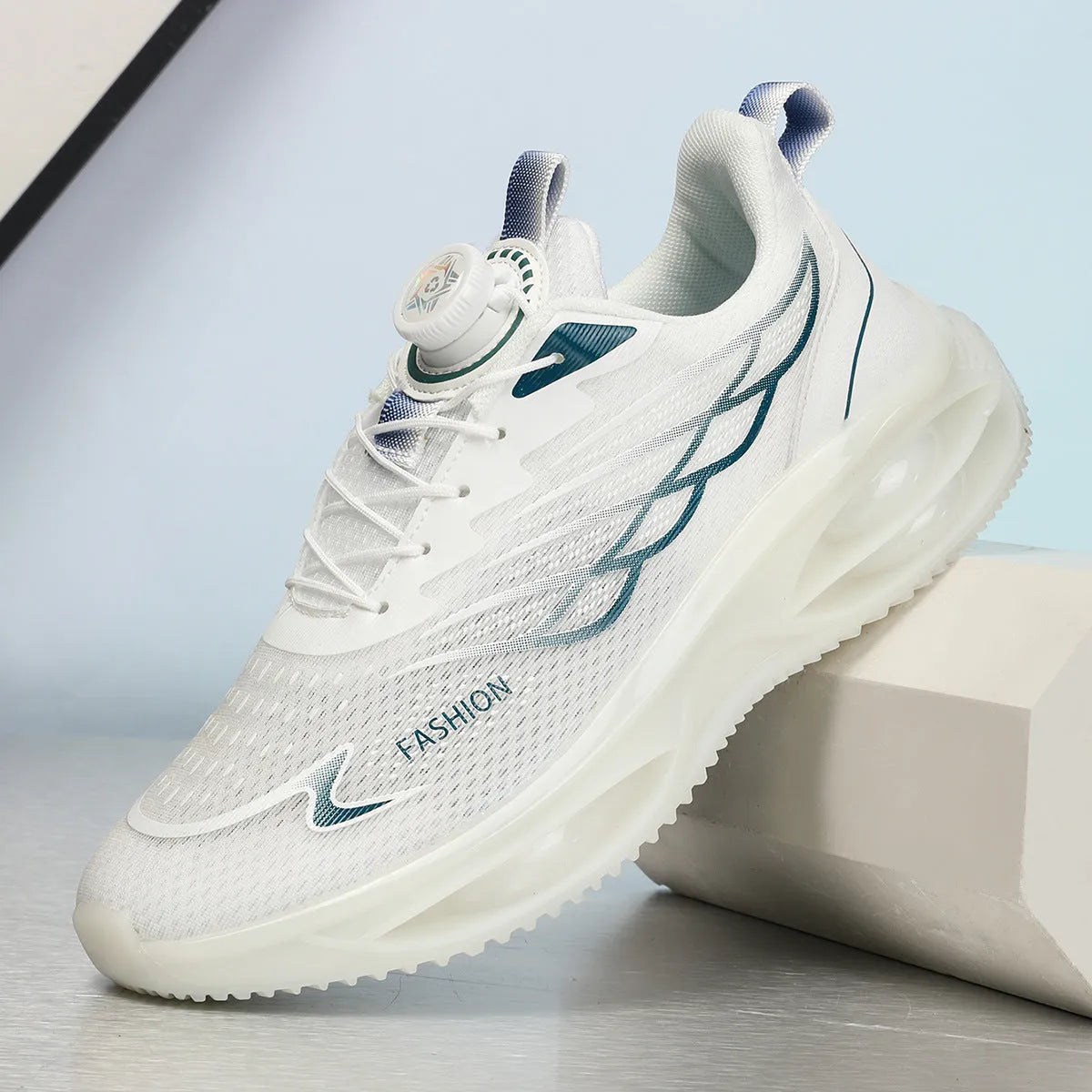 Casual running shoes with mesh upper and rubber sole in sky blue, black gold, or white colours