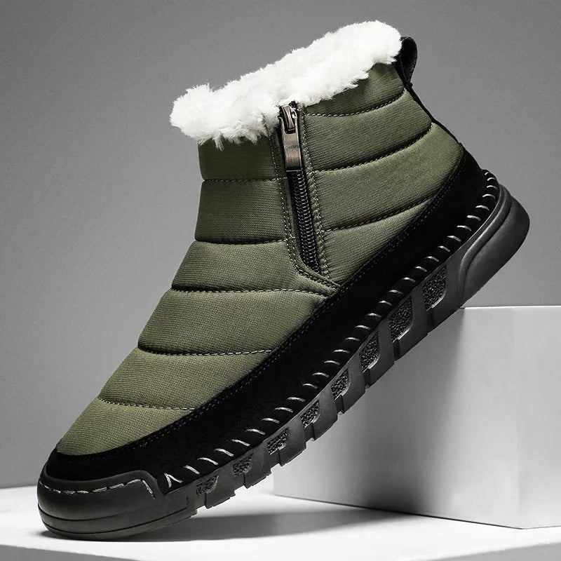 Men's plus size snow boots in black with round toe, flat heel, and non-slip rubber sole