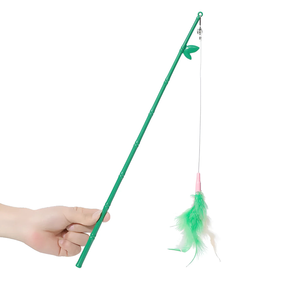 Green cat feather wand toy with bells and feather attachments for interactive feline play