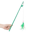 Green cat feather wand toy with bells and feather attachments for interactive feline play