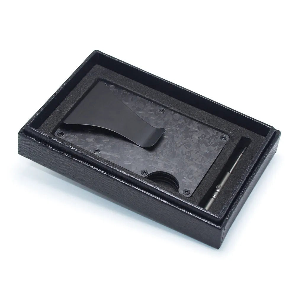 Slim geometric business card holder wallet in carbon fibre or aluminium, shown in black, blue, red, silver, or gold.