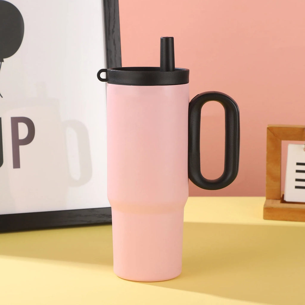 Large portable straw cup with carrying handle in multiple colour options