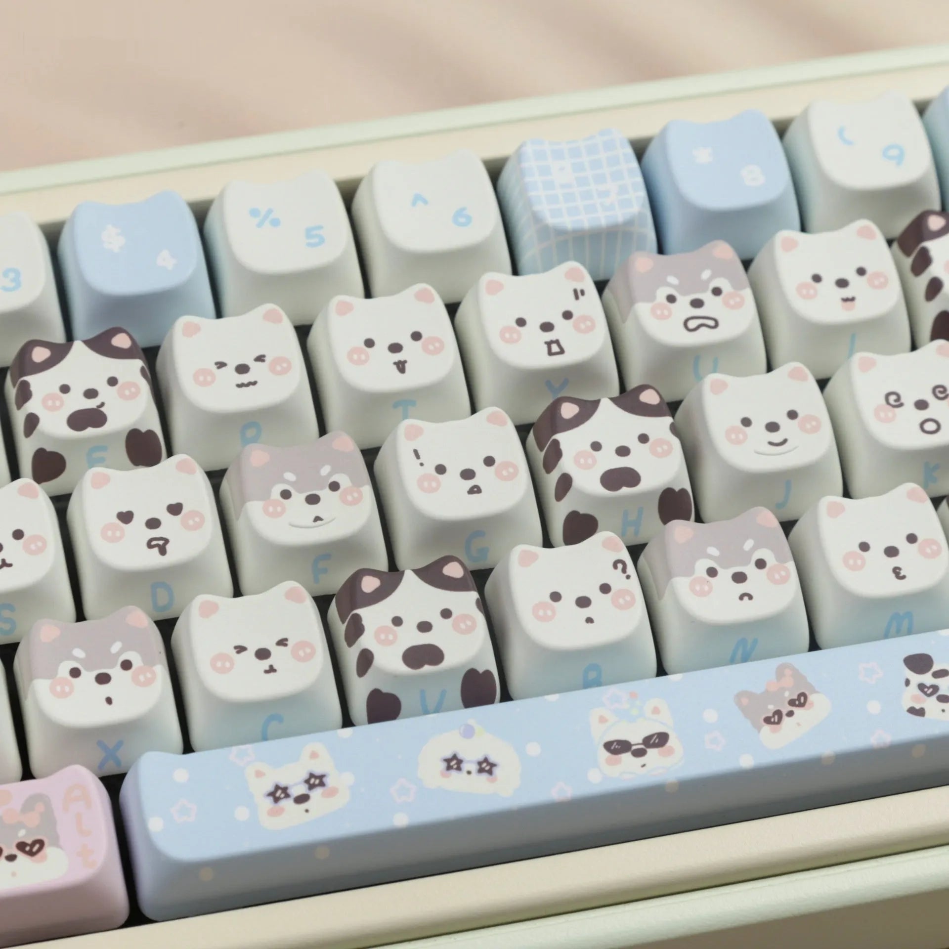 PBT key cap set with colourful cat and puppy anime artwork for mechanical keyboards