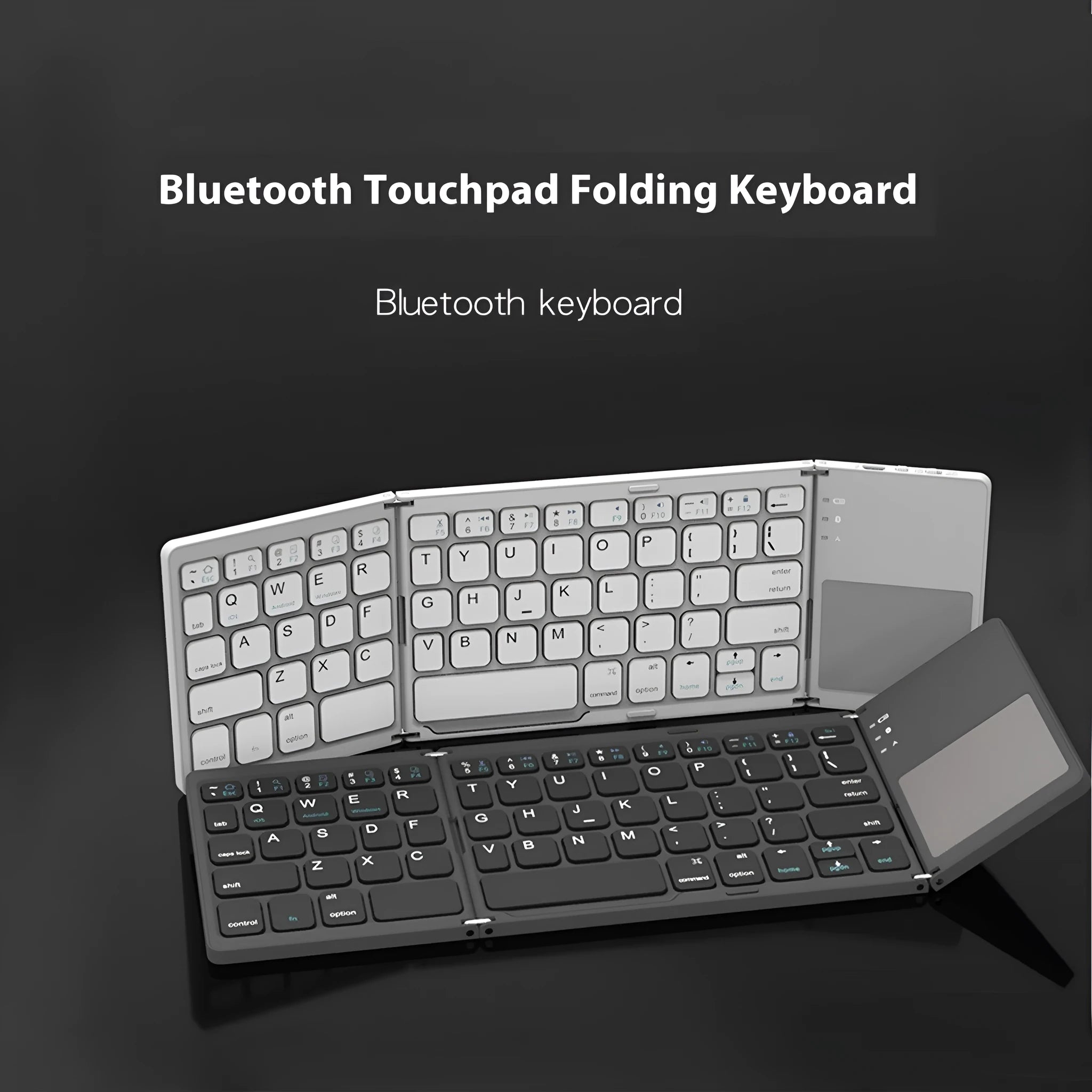Mini tri-fold Bluetooth keyboard in black showing unfolded typing surface and thin profile
