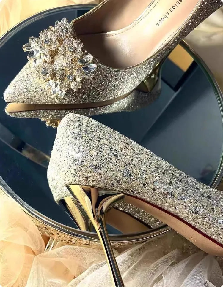 Champagne coloured wedding shoes with crystal design, pointed toes and fine heels