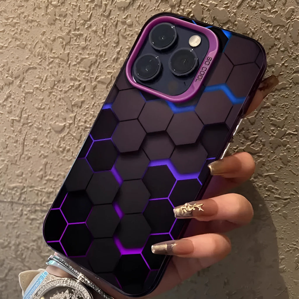 Frosted protective iPhone case with honeycomb square pattern in contrasting colour on black background
