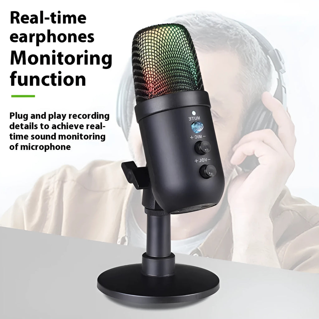 Black USB microphone with RGB lighting for computer and mobile phone streaming and recording