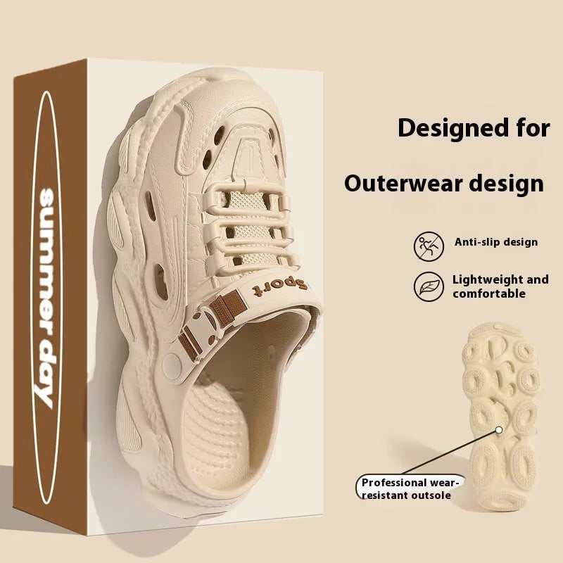 Men's khaki outdoor summer slippers with hollow-out design on an EVA sole.