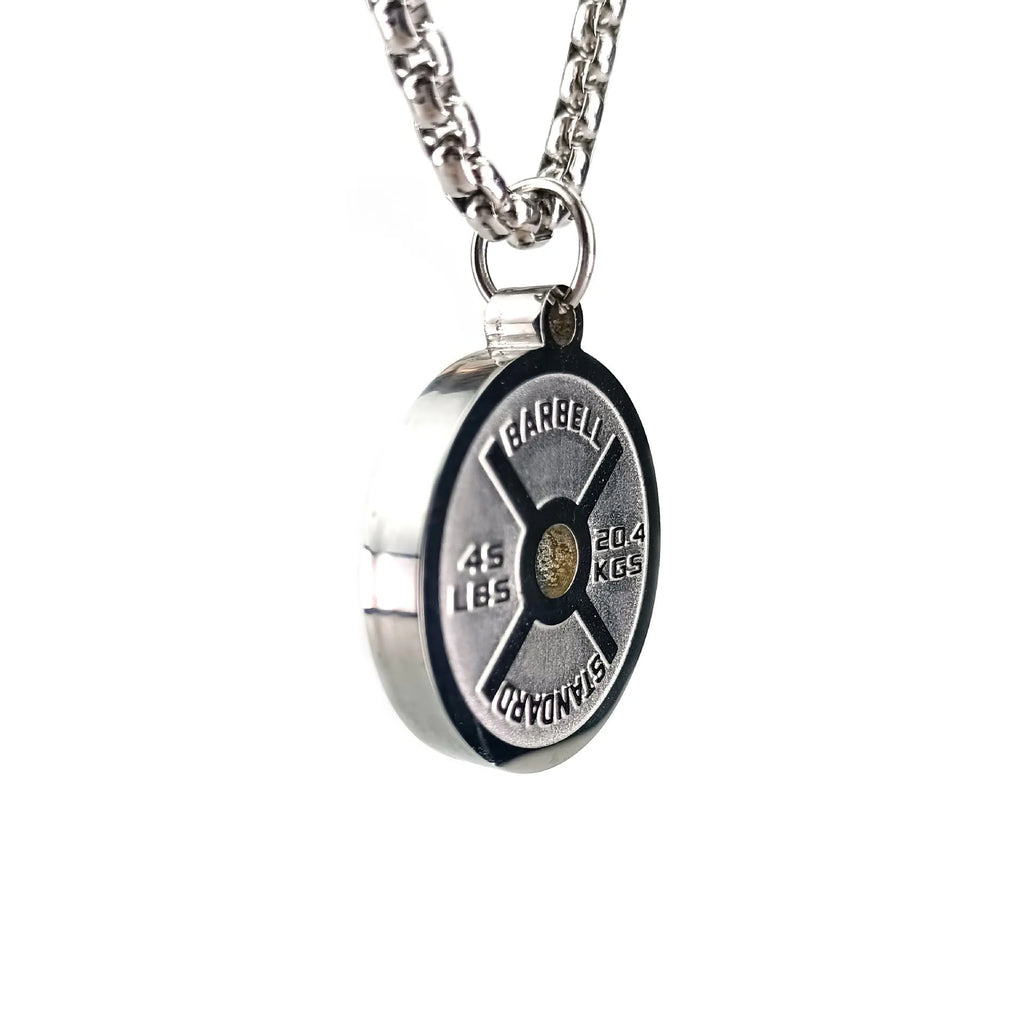 Stainless steel geometric barbell disc pendant necklace with choice of pearl, gold or black 60cm chain