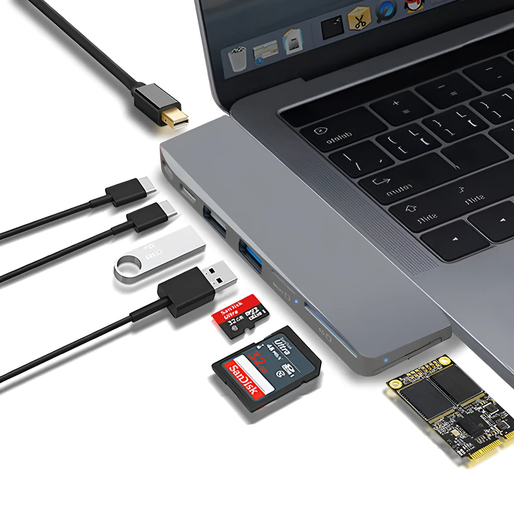 USB-C computer card reader conversion head for MacBook Pro with multiple ports and card slots