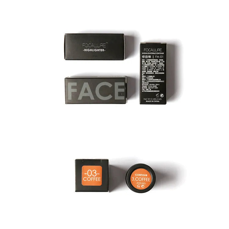 Face contour highlighter compact with four shade options A, B, C, D for cheekbone definition.