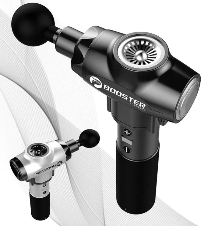 Black and white muscle massage gun with lithium battery and adjustable speed control