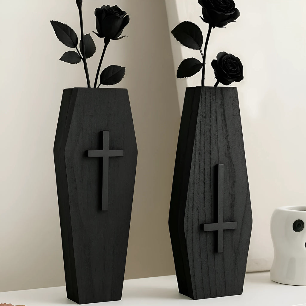 Black wooden cross wall shelf decoration with display ledge measuring 27 by 9 centimetres