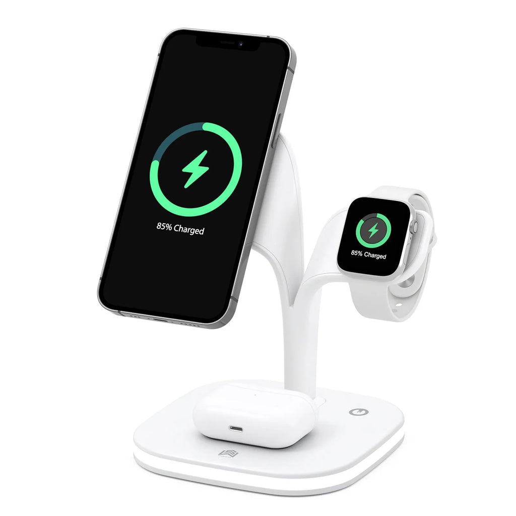 Black 3-in-1 wireless charging stand with phone, Apple Watch, and headphones placed on it.