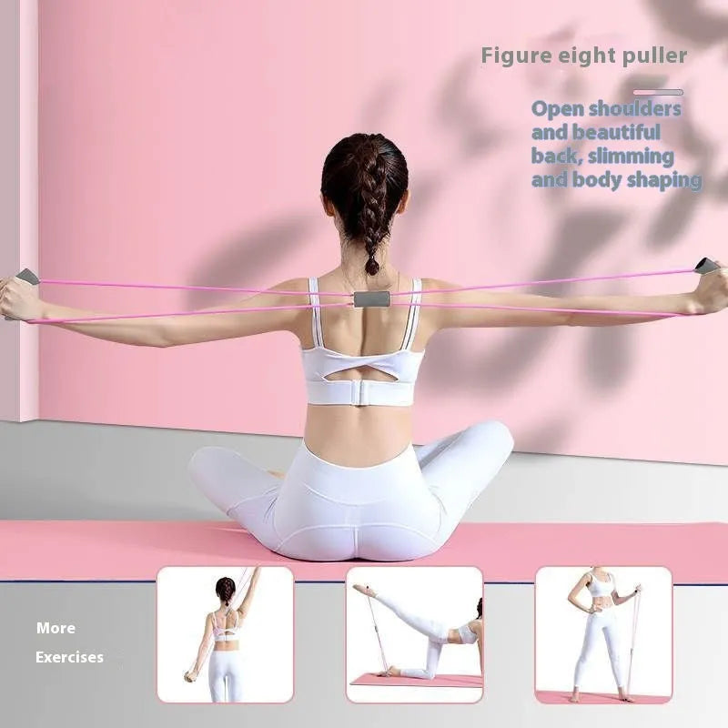 Yoga four piece set showing leg beauty device, yoga ring, pedal tension device, and figure-eight tension rope for home fitness.