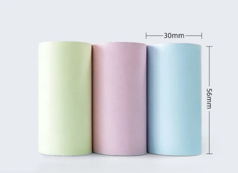 Box of 57x30 mm pink, yellow, and blue thermal paper rolls for receipts and student notebooks